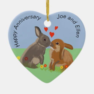 Cute Bunnies Kissing Anniversary Heart Ceramic Ornament