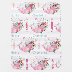 Cute Bunnies on Pink Floral Umbrella Pattern Name Baby Blanket