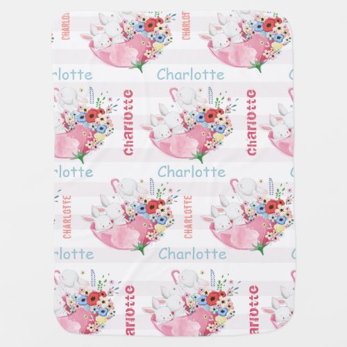 Cute Bunnies on Pink Floral Umbrella Pattern Name Baby Blanket