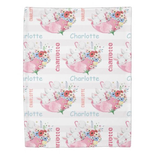 Cute Bunnies on Pink Floral Umbrella Pattern Name Duvet Cover