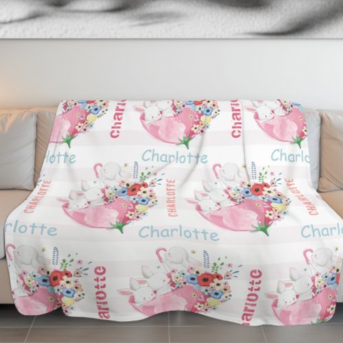 Cute Bunnies on Pink Floral Umbrella Pattern Name Fleece Blanket