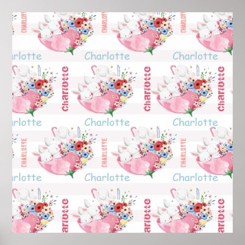 Cute Bunnies on Pink Floral Umbrella Pattern Name Poster