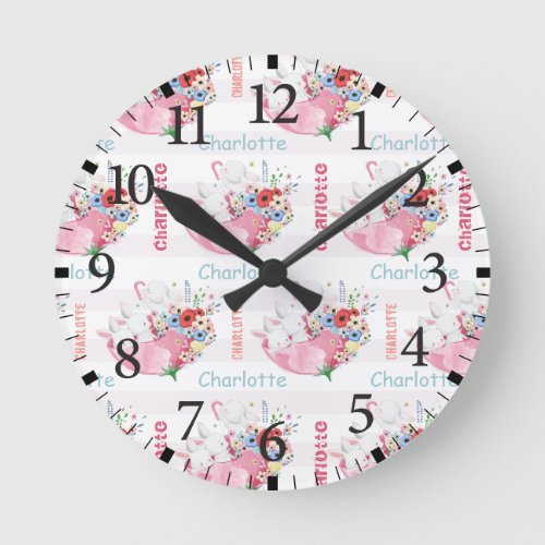 Cute Bunnies on Pink Floral Umbrella Pattern Name Round Clock