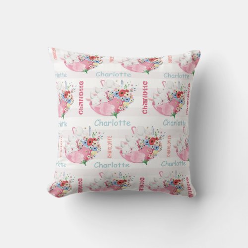 Cute Bunnies on Pink Floral Umbrella Pattern Name Throw Pillow