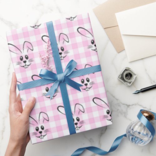 Cute Bunnies On Pink Gingham Wrapping Paper