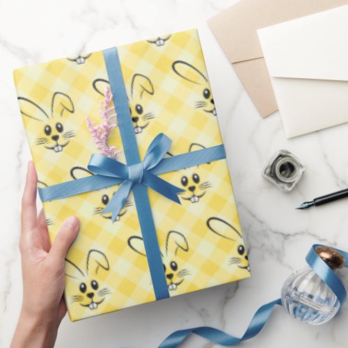 Cute Bunnies On Yellow Gingham Wrapping Paper
