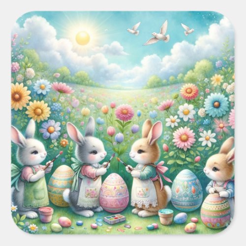 Cute Bunnies Painting Easter Eggs  Square Sticker