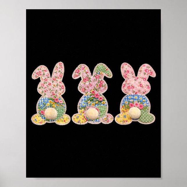 Cute Bunnies Patchwork Flower Eggs Happy Easter Da Poster (Front)