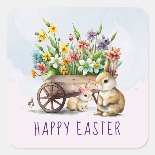Cute Bunnies Personalized Easter Square Sticker (Front)