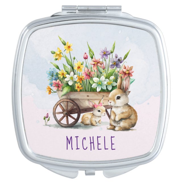 Cute Bunnies Personalized Girl Easter Compact Mirror (Front)
