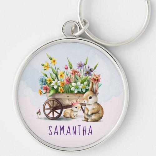 Cute Bunnies Personalized Girl Easter Keychain