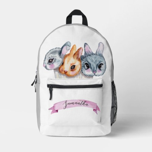 CUTE BUNNIES PINK BANNER GREY WHITE CUSTOM NAME PRINTED BACKPACK