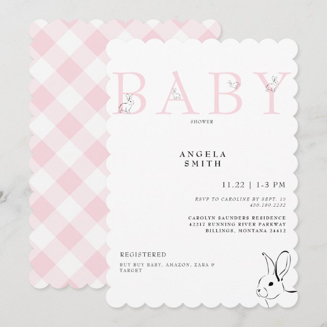 Cute Bunnies Pink Gingham Baby Girl Shower Invitation (Front/Back)