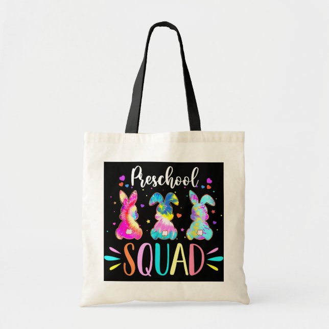 Cute Bunnies Preschool Teacher Squad Easter Day Tote Bag (Front)