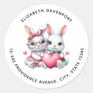 Cute Bunnies Sharing a Heart Address Classic Round Sticker