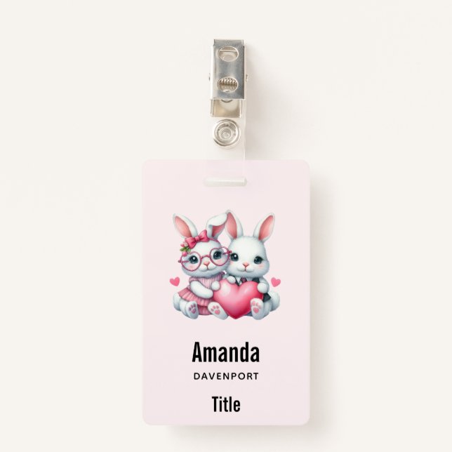 Cute Bunnies Sharing a Heart Badge (Front with Clip)