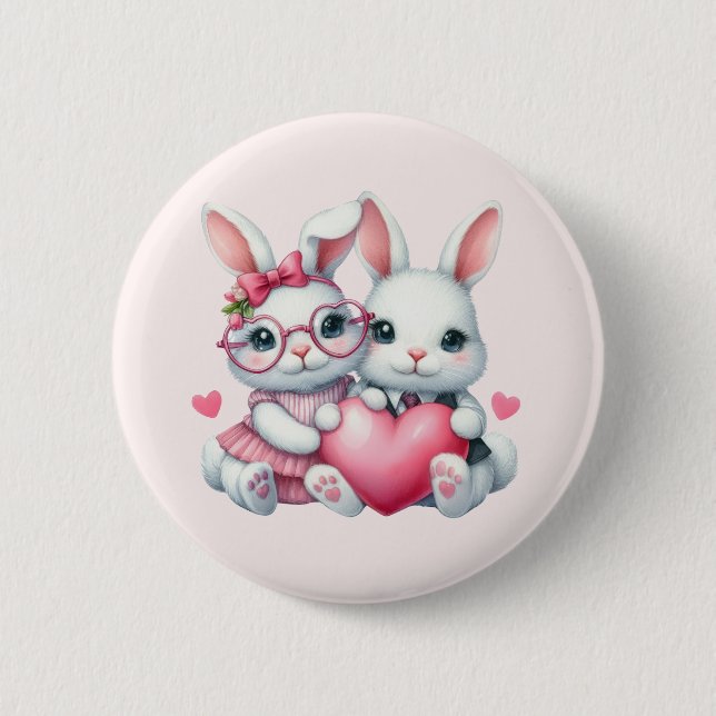 Cute Bunnies Sharing a Heart Button (Front)