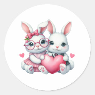 Cute Bunnies Sharing a Heart Classic Round Sticker
