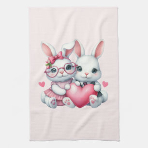 Cute Bunnies Sharing a Heart Kitchen Towel