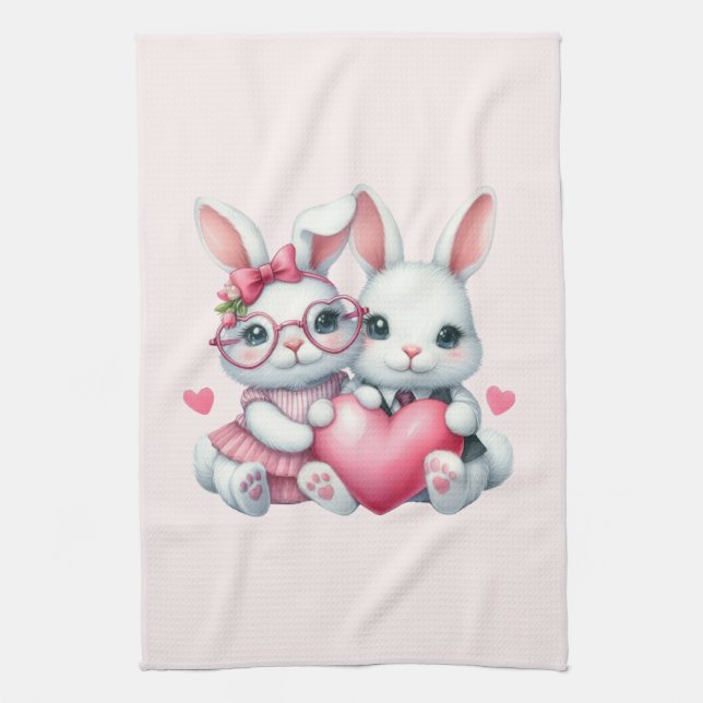 Cute Bunnies Sharing a Heart Kitchen Towel (Vertical)