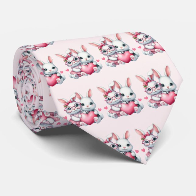 Cute Bunnies Sharing a Heart Pattern Neck Tie (Rolled)