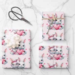 Cute Bunnies Sharing a Heart Pattern Wrapping Paper Sheets