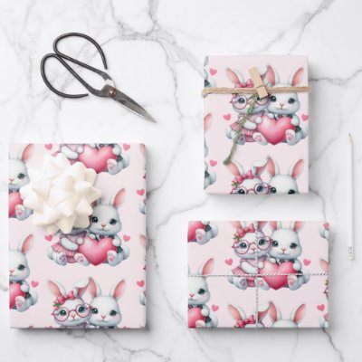 Cute Bunnies Sharing a Heart Pattern Wrapping Paper Sheets