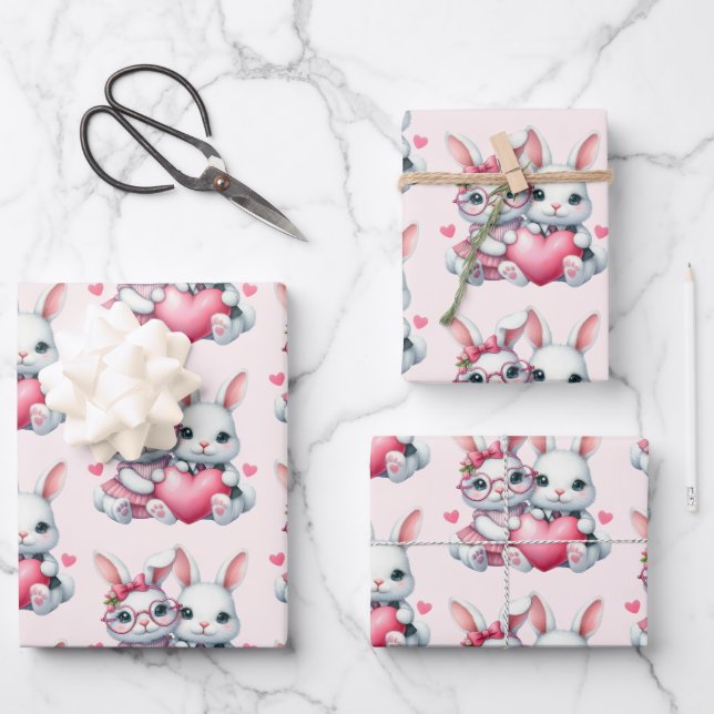 Cute Bunnies Sharing a Heart Pattern Wrapping Paper Sheets (Front)