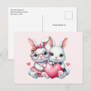 Cute Bunnies Sharing a Heart Postcard