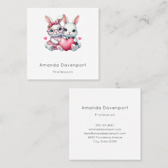 Cute Bunnies Sharing a Heart Square Business Card (Front/Back)