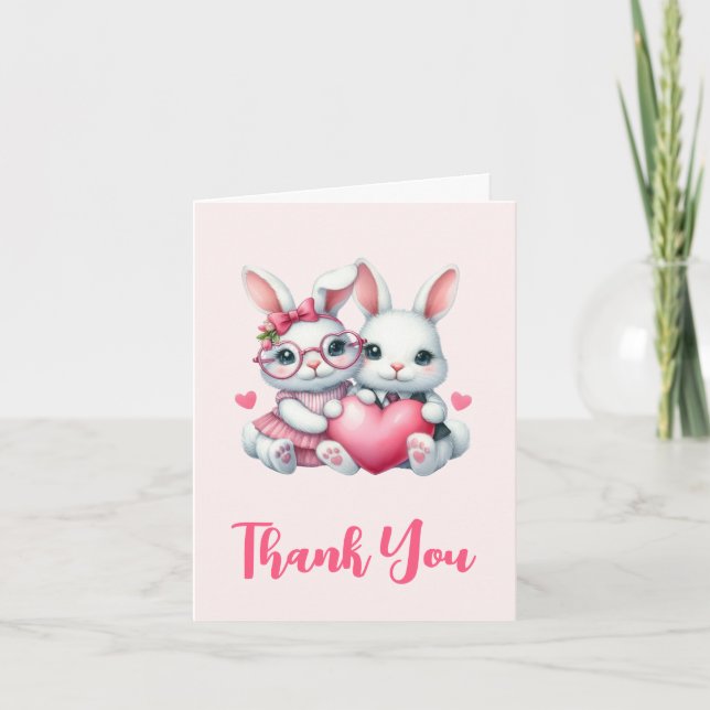 Cute Bunnies Sharing a Heart Thank You Card (Front)