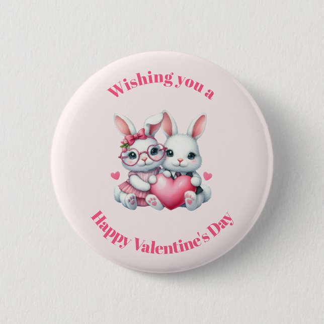 Cute Bunnies Sharing a Heart Valentine's Day Button (Front)
