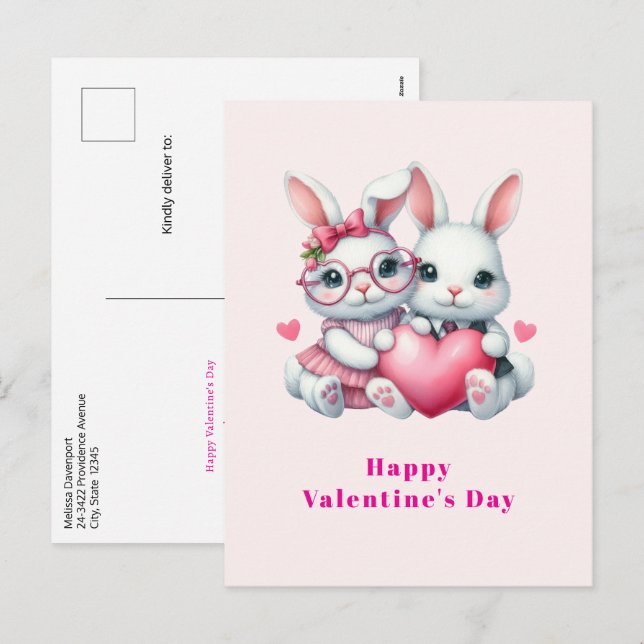 Cute Bunnies Sharing a Heart Valentine's Day Holiday Postcard (Front/Back)