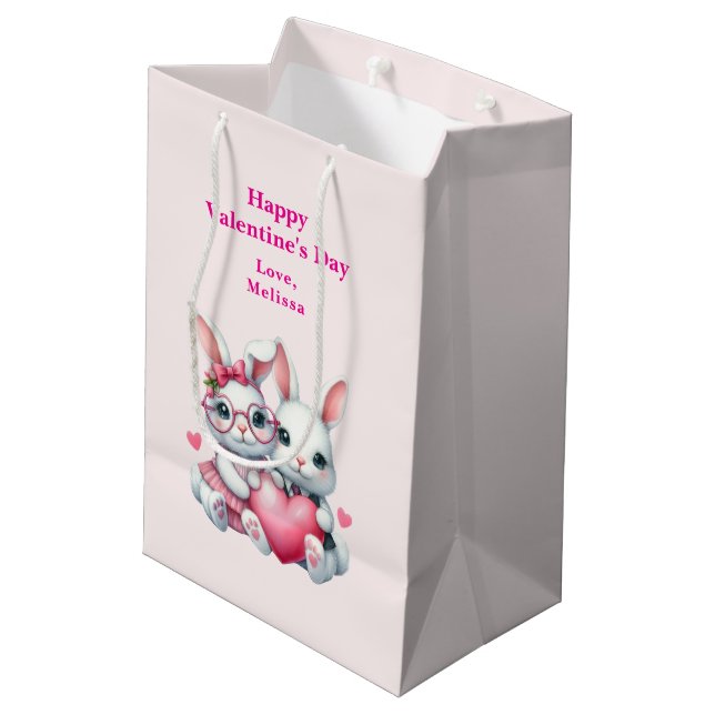 Cute Bunnies Sharing a Heart Valentine's Day Medium Gift Bag (Back Angled)
