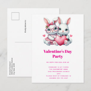 Cute Bunnies Sharing a Heart Valentine's Party Invitation Postcard