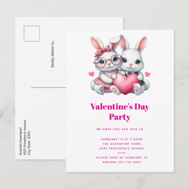 Cute Bunnies Sharing a Heart Valentine's Party Invitation Postcard (Front/Back)