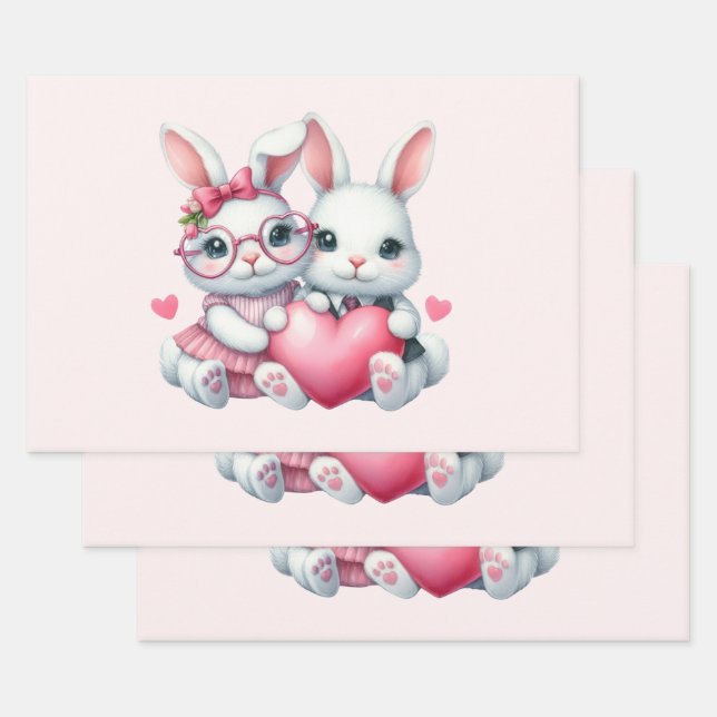 Cute Bunnies Sharing a Heart Wrapping Paper Sheets (Set)
