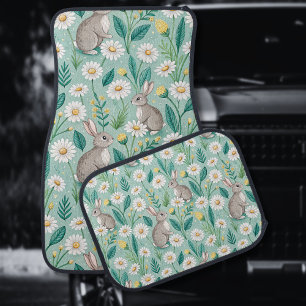 Cute Bunnies Sitting Among White Daisies Car Floor Mat