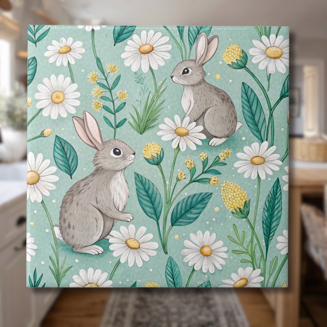 Cute Bunnies Sitting Among White Daisies Ceramic Tile (Creator Uploaded)