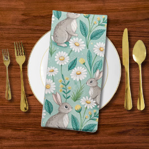Cute Bunnies Sitting Among White Daisies Cloth Napkin