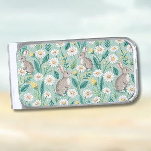 Cute Bunnies Sitting Among White Daisies Silver Finish Money Clip