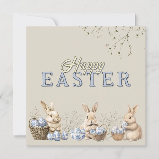Cute Bunnies & Toile Blue Easter Eggs  Holiday Card (Front)