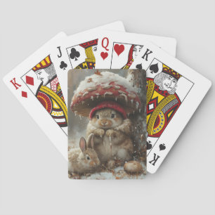 Cute Bunnies Under Mushroom Winter Playing Cards