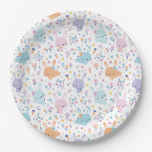 Cute bunnies with carrots and flowers pastel color paper plates
