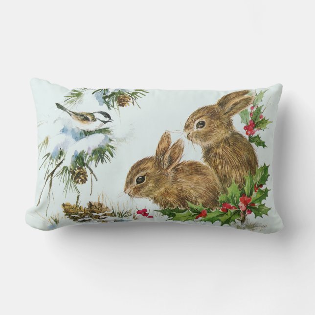 Cute Bunnies with Christmas Holly Berries Lumbar Pillow (Front)