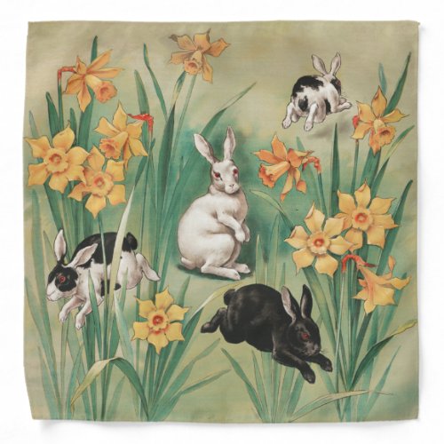 Cute Bunnies with Daffodil Flowers Antique Easter Bandana