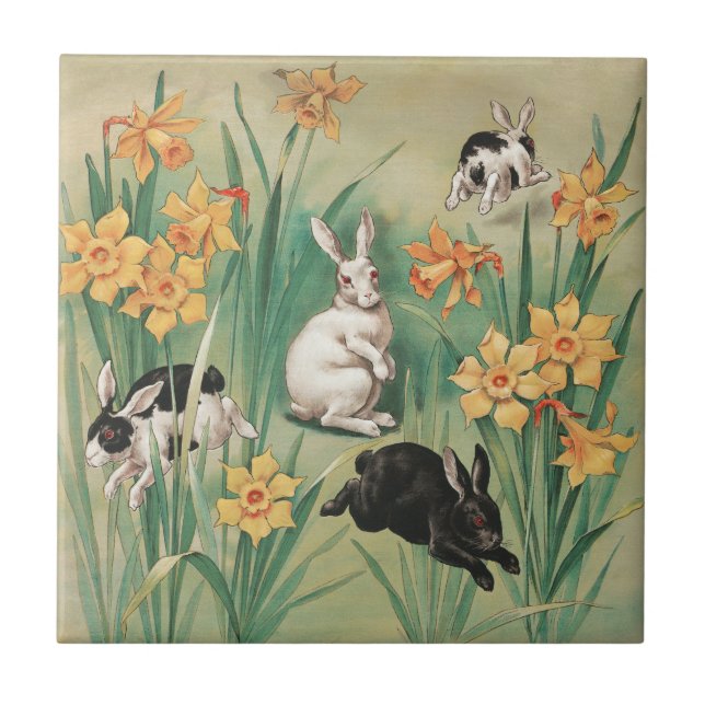 Cute Bunnies with Daffodil Flowers Antique Easter Ceramic Tile (Front)