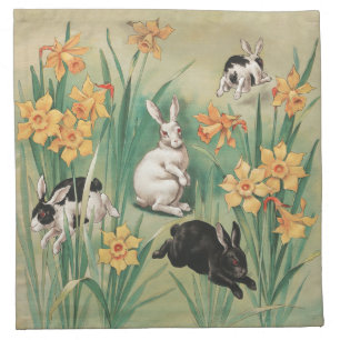 Cute Bunnies with Daffodil Flowers Antique Easter Cloth Napkin