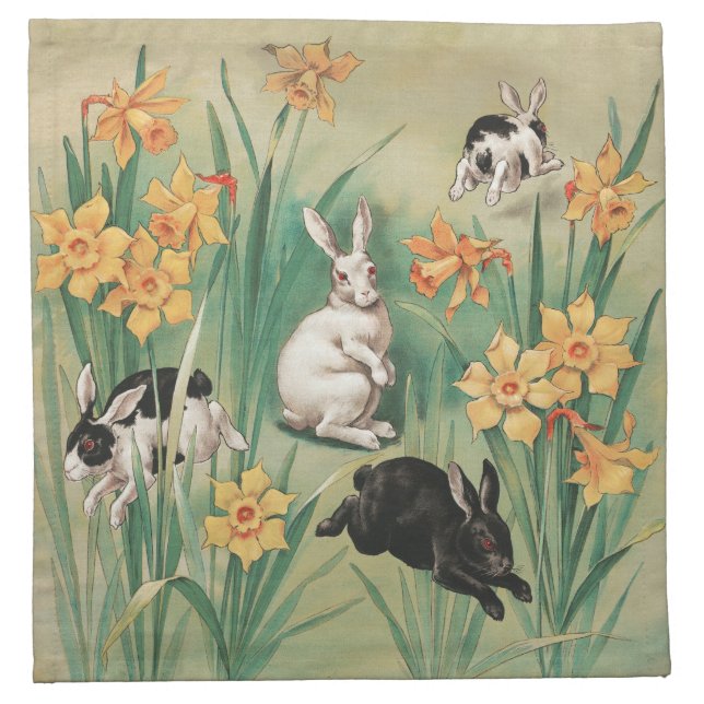 Cute Bunnies with Daffodil Flowers Antique Easter Cloth Napkin (Front)