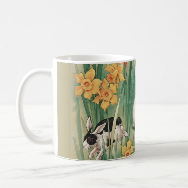 Cute Bunnies with Daffodil Flowers Antique Easter Coffee Mug (Left)